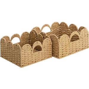 StorageWorks Scalloped Wicker Basket, Woven Baskets for Storage, Rattan Baskets with Handles, Paper Rope Basket for Organizing and Decor, 2 Pack