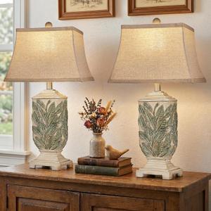 25" Vintage Table Lamps, 3 Color Temperature Rustic Retro Beside Lamp Set of 2,Wash White Farmhouse Resin Table Lamp for Living room Bedroom Nightstands, Rotary Switch, Carved Leaf ( 2 Bulbs Included)