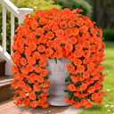 HyeFlora Artificial Fake Hanging Flowers Plants for Outdoor Outside Spring Decor, 2PCS Faux Silk Orange Morning Glory Trailing Vines UV Resistant Look Real for Home Planter Porch Patio