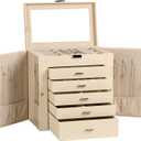 Frebeauty Large Jewelry Box,6-Tier PU Leather Jewelry Organizer,Multi-functional Storage Case with Mirror,Accessories Holder with 5 Drawers for Necklace Bracelets Watches(Beige)