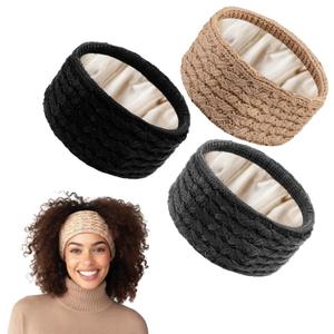 3 Pack Satin Lined Winter Headbands for Women, Silk Lined Beanie Caps Ear Warmers for Natural Curly Ponytail Hair(Black, Gray, Khaki,Cable Knit)