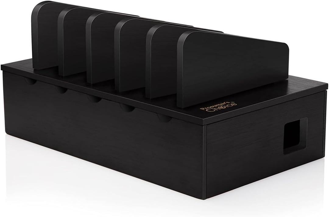 Prosumer's Choice Charging Station for Multiple Devices - 5 Device Charger Organizer for Smartphones and Tablets - Wooden Rack with Removable Dividers - Charging Dock for Work from Home - Black