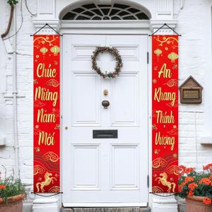 2 Pcs Vietnamese Lunar New Year Banners Party Decorations Vietnamese Happy New Year Porch Sign Banner Spring Festival Banners Supplies for 2026 Years Indoor Outdoor Front Door Wall Party Supplies