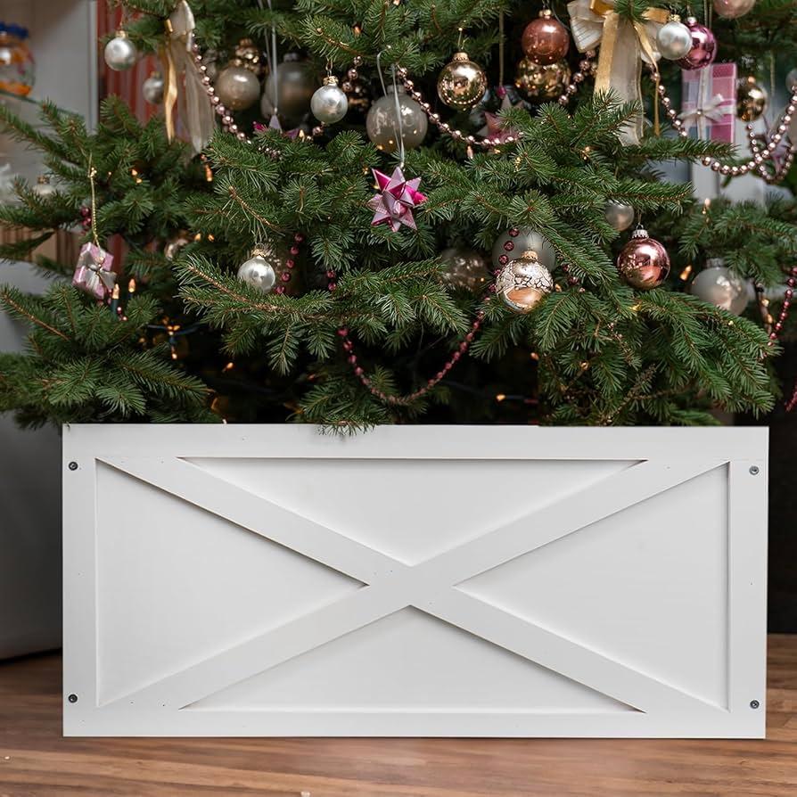 Christmas Tree Collar Box, 22" L White Wooden Tree Collar, Christmas Tree Stand Cover, Tree Skirt Box for Below 8ft Christmas Tree Decoration