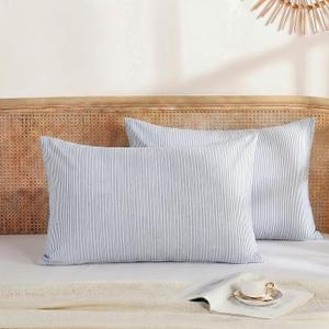 Merryword Blue Striped Pillowcases, 100% Cotton Pillow Cases, Queen Size Pillowcases, Luxury Linen Like Pillowcase, Soft Breathable Pinstripe Pillow Covers, Set of 2