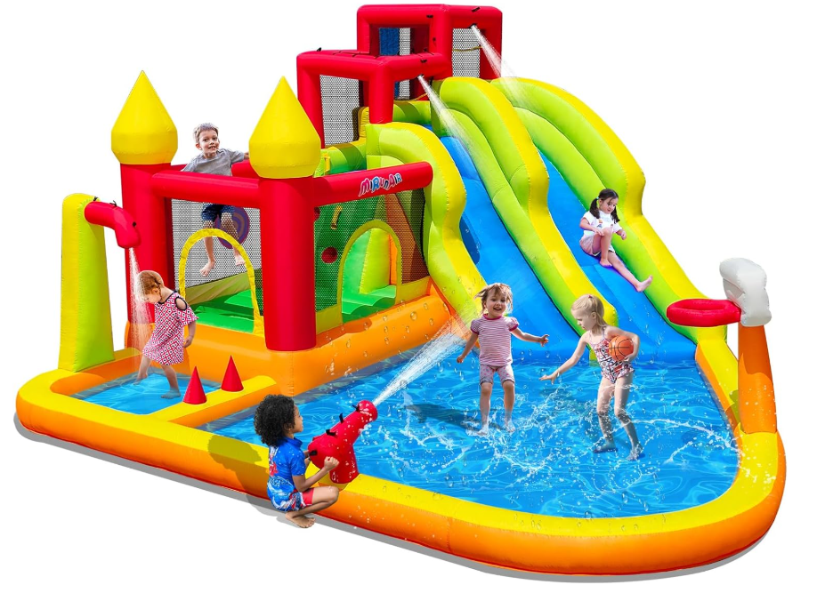 Inflatable Giant Bounce House with Slides, Inflatable Water Slide for Kids Backyard, Bounce Water Prak with Air Blower, Splash Pool, Water Cannon, Climbing Wall, Outdoor Backyard Water Park