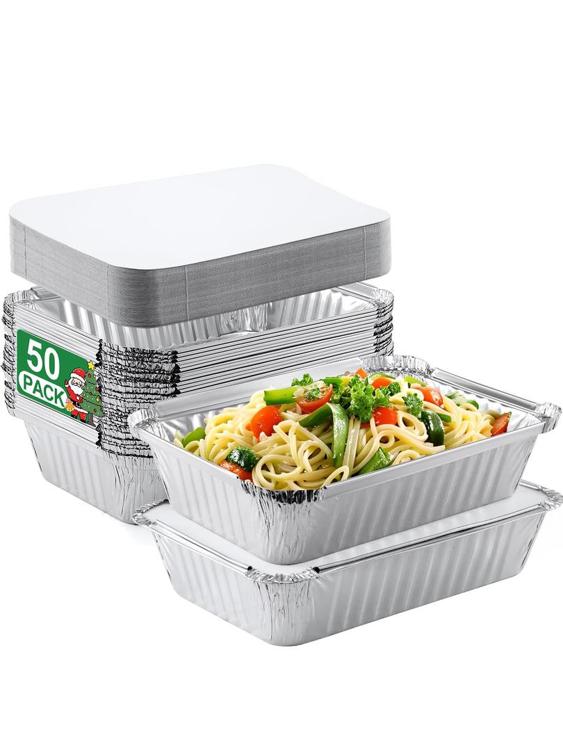50 Pack 8x6 Disposable Aluminum Pans with Lids Aluminum-Foil-Pans-Tin-Foil-Baking-Pans-Tin-Trays-Food-To-Go-Containers-for-Meal-Prep-Cooking-Roasting-Heating-Takeout