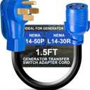 NEMA 14-50P to L14-30R Generator Transfer Switch Adapter Cord, 50A Male to 30A Female 250V/125V Generator RV EV Dryer House Adapter Plug, Twist Lock 4-Prong, STW 10AWG Heavy Duty Cable, 18 Inch