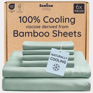 Bambaw King Sheet Set 6pcs – 100% Viscose Derived from Bamboo Sheets King Size Deep Pocket, Fits Up to 16'' with Elastic Corner Straps, Soft Cooling Sheets for Hot Sleepers (Sea Glass)