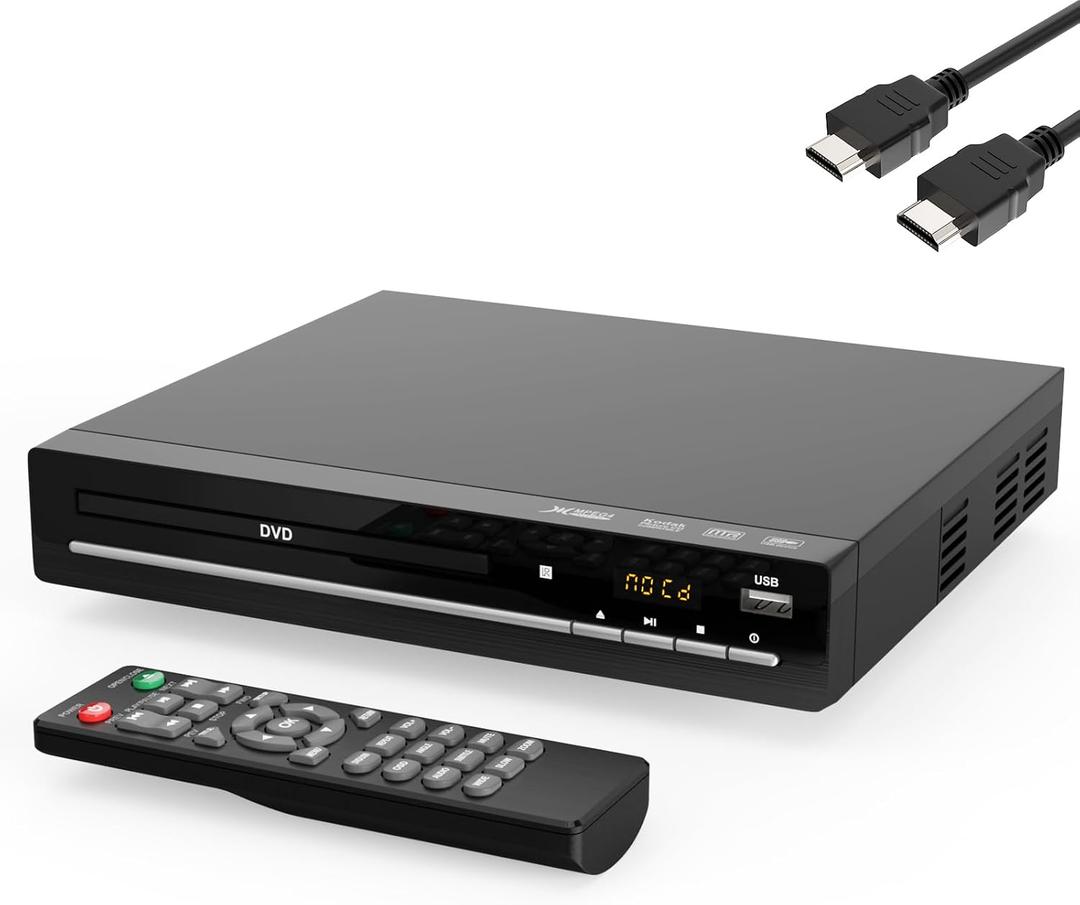 Region Free DVD Player with 1080p HDMI Upscaling, Compact Multi-Format CD/DVD/USB Player for Smart TV, Plays All Region DVDs, HDMI/RCA Cables and Remote Included for Home TV (Black)