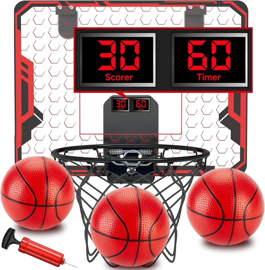 Figbush Basketball Hoop Indoor for Kids(4-12 Years Old), Over The Door Basketball Hoop with Scoring, Countdown and Music Accompaniment, Christmas Toys (red)