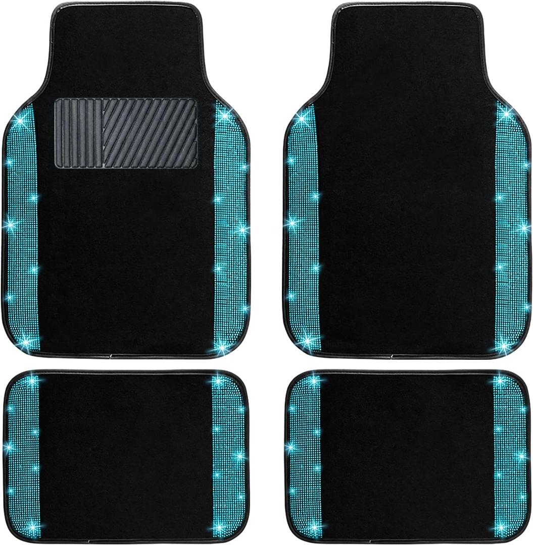 NBTEPEM Aquamrine Bling Car Floor Mats Full Set, Universal Fit Most Cars,SUV, Trucks, 4 pcs Sparkle Glitter Diamond Carpet for Women Girls with Anti-Slip Pad (Aquamarine Diamond)