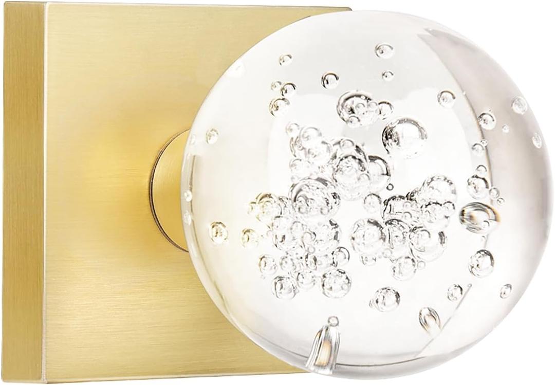 Passage Glass Door Knobs Interior, Round Clear Bubble Crystal Gold Door Knobs for Closet/Hall/Bifold, Satin Brass