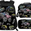 Truck Backpack 3PCS 16" Preschool Elementary Schoolbag with Lunch Box Pencil Case Bookbag Set for Girls Boys Kids Children Teens School Students