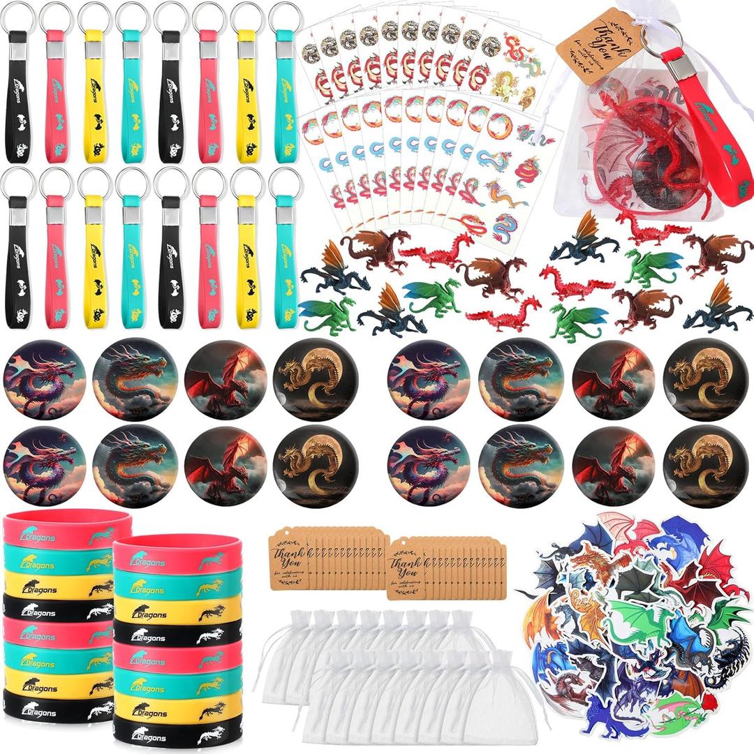 Wettarn 162 Pcs Dragon Party Favors, Dinosaur Birthday Party Supplies Dragon Stickers Mini Model Button Pins Bracelets Keychains Organza Bags Card Tags for Adults Christmas Dinosaur Themed Gifts