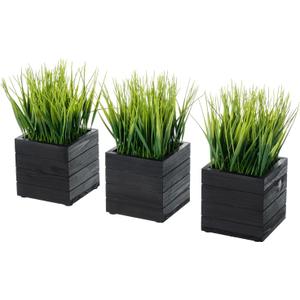 MyGift Artificial Green Grass Plants in Vintage Black Wood 4 Inch Planter Boxes, Faux Greenery in Decorative Square Crate Style Wooden Containers, Set of 3