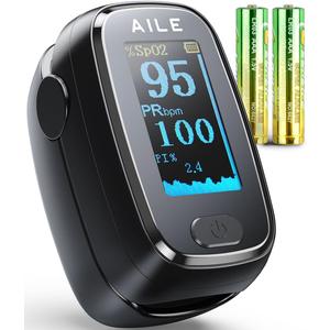 Pulse Oximeter with Fingertip Oxygen Meter : AILE Compact Fingertip Pulse Oximeter - Blood Oxygen/Heart Rate Monitor - 4 Color Screen Display - Including 2AAA Batteries for Athletic & Home (Black)