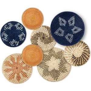 Xuhal Set of 8 Hanging Woven Wall Basket Handmade Decorative Rustic Boho Basket Decor Handcrafted Wicker Round Seagrass Wall Art for Home Kitchen Farmhouse Table Living Room