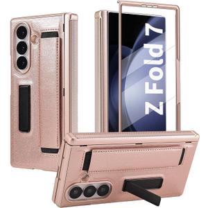 for Samsung Galaxy Z Fold 7 Slim Case with Wrist Strap & Multi-Angle Stand, Built-in Hinge & Screen Protector Shockproof Full Body Drop Fall Protection - Gold