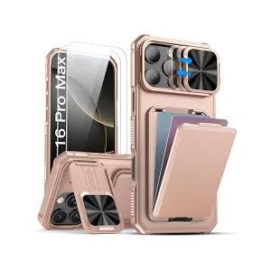 SSLOTSCASE for iPhone 16 Pro Max Case with Wallet & Sliding Lens Cover & Kickstand & Credit Card Holder, MilitaryGrade Protection Rugged Phone Case Cover for iPhone 16 Pro Max 6.9'' 2024, Rose Gold