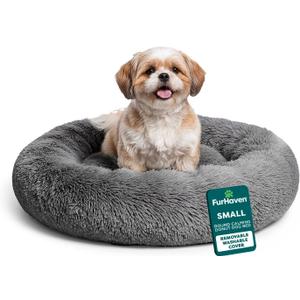 Furhaven 23" Round Calming Donut Dog Bed for Indoor Cats & Small Dogs, Washable, For Dogs Up to 20 lbs - Shaggy Plush Long Faux Fur Donut Bed - Gray, Small, 23.0"L x 23.0"W x 9.0"Th