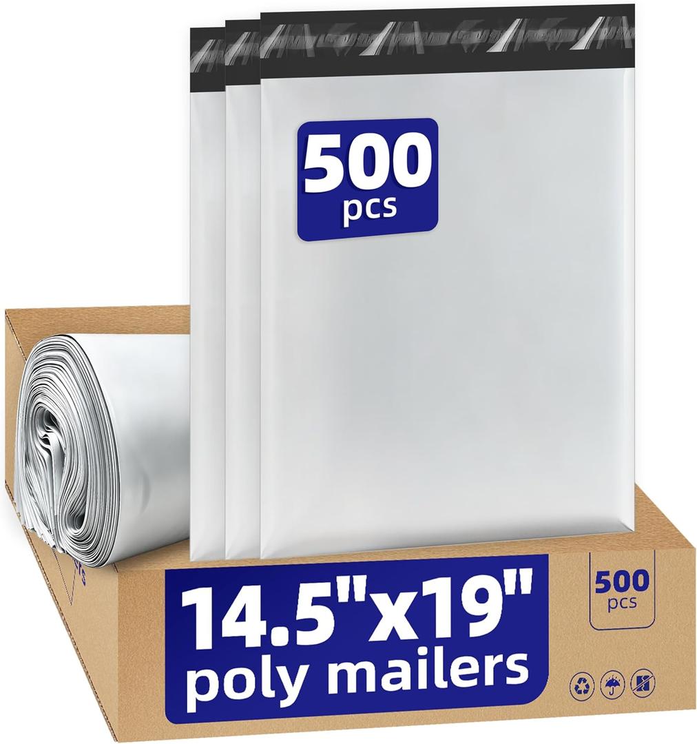 500pcs Poly Mailers 14.5x19 For Ecommerce Shipping,Online Retail | Packaging,Business Mailing,PE Tear Resistant Waterproof Adhesive Self Seal Bag,Bags Envelopes Clothing Package,Large,White