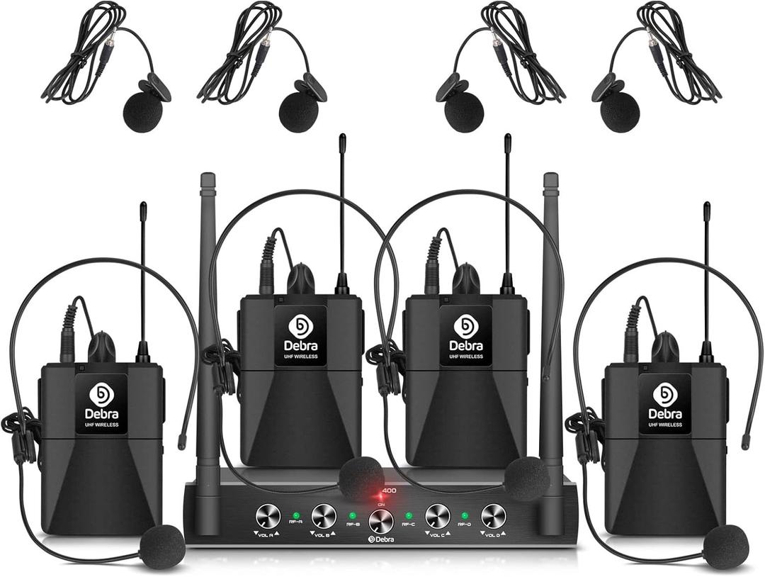 D Debra Audio AU400 Pro UHF 4 Channel Wireless Microphone System with Cordless Handheld Lavalier Headset Mics, Metal Receiver, Ideal for Karaoke Church Party (with 4 Bodypack (B))