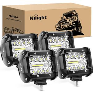 Nilight 4Pcs LED Pods 4Inch 60W Triple Row Flood Spot Combo 6000LM Light Bar Driving Fog Lights Off Road Lighting for Trucks Pickup Golf Cart SUV ATV UTV 4x4 Van Camper Boat