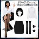 Yahenda 5 Pcs Halloween Costume Women Black Bob Wigs Skirt Thigh High Stockings Shirts Cuff Links for Halloween Cosplay (L)