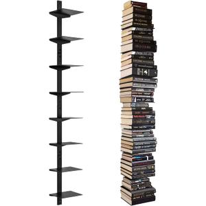Floating Book Shelves for Wall, 8 Tier Invisible Floating Bookshelf, Vertical Spine Book Tower, Wall Mounted & Space Saving, Heavy Duty Metal Book Organizer for Home Office, 4 Pack Black
