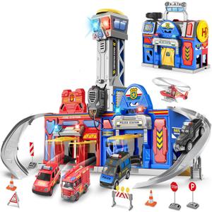 Kids Toys for 3 4 5 6 Years Old Boys, 29.5'' Large City Action Toddler Playset with Lights Sounds, Police & Fire Station Transform Track Toy with 4 Cars, Helicopter, Walkie-Talkie, Gifts for Boy Girl