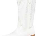DREAM PAIRS Cowboy Boots for Women Cowgirl Western Mid Calf Boots Snip Toe Embroidered Stitched Low Chunky Heel Pull On Fashion Boots (9, White)