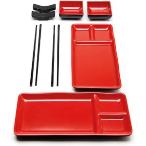 8-Piece Japanese Style Sushi Plate Set - Includes 2 Sushi Plates (7.5 x 5.5 Inch), 2 Sauce Dishes, 2 Pairs of Chopsticks, 2 Chopsticks Holders - Made of Melamine, Red