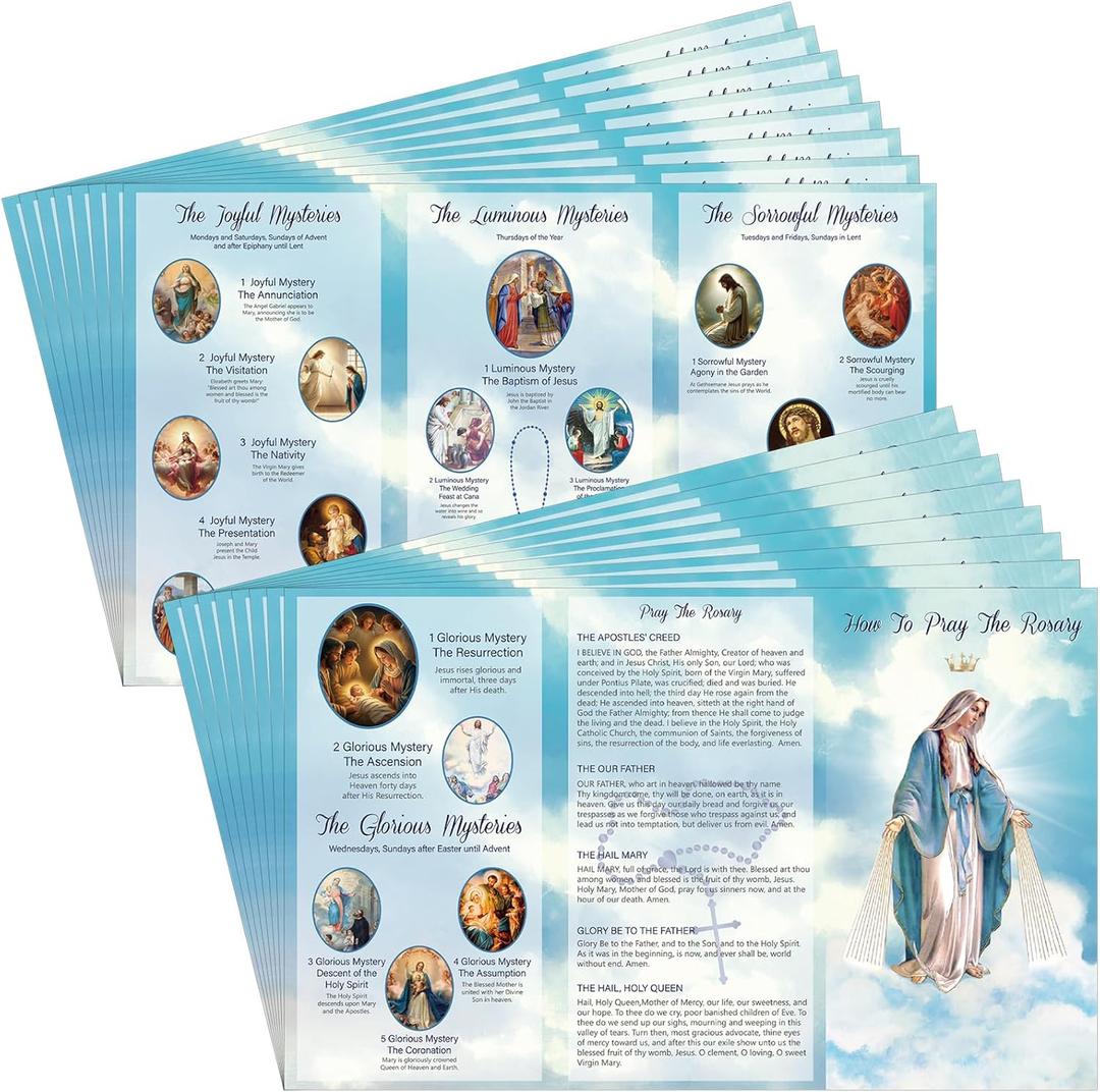 50 Pcs How to Pray the Rosary Prayer Card 9.7 x 6 Inches Catholic Laminated Card How to Pray the Rosary Pamphlet for Beginner Sunday Learning(Light Blue)