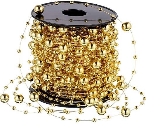 Pangda 65.6Ft Artificial Pearl Beads Garland Plastic Beaded String Strands Chain Ornament Roll for DIY Craft Christmas Tree Wedding Valentines Party Decoration Floral Centerpiece Supplies(Gold)