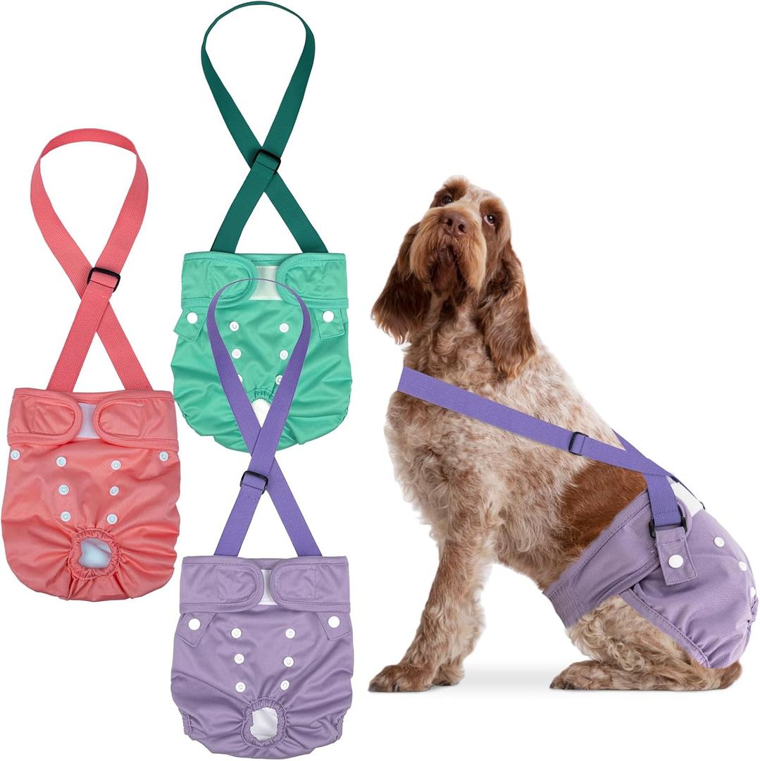 Pet Soft Dog Diapers Female with Suspenders, 3 Pack Reusable Female Dog Diapers for Heat, Dog Period Panties for Doggie in Cycle(X-Large, Pinkycolor)