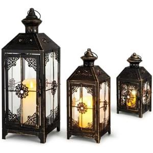 JHY DESIGN Set of 3 Decorative Candle Lantern 19.5" High Metal Vintage Hanging Lantern for Front Porch Home Patio Wedding Party, Festival Decorations(Black with Gold Brush)