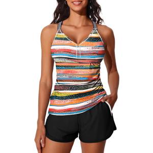 Summer Mae Modest Tankini Swimsuits for Women 2025 Two Piece Bathing Suits with Sporty Pockets Boy Shorts for Tummy Control (16, Wave Point Stripe Geometry)