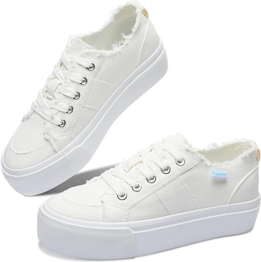 Obtaom Women Platform Canvas Sneakers White Comfort Play Fashion Sneakers Casual Lift Platform Lace Up Shoes Cute Low Top Walking Shoes for Lady (9)