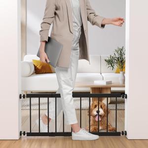 Dog Gate Indoor,18"-45" Adjustable Extra Wide Metal Short Dog Gate to Step Over, 18" Tall Small Pet Gate with 3 Extension Kits, Pressure Mounted Gate for Doorways & Stairs Black