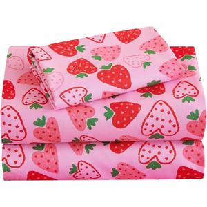 Softan Kids Bed Sheet Set, 3-Piece Twin Sheets Set, Microfiber Fitted Sheet with Corner Straps, Breathable & Silky Soft Pink Heart Strawberry Pattern Sheet and Pillowcase Sets