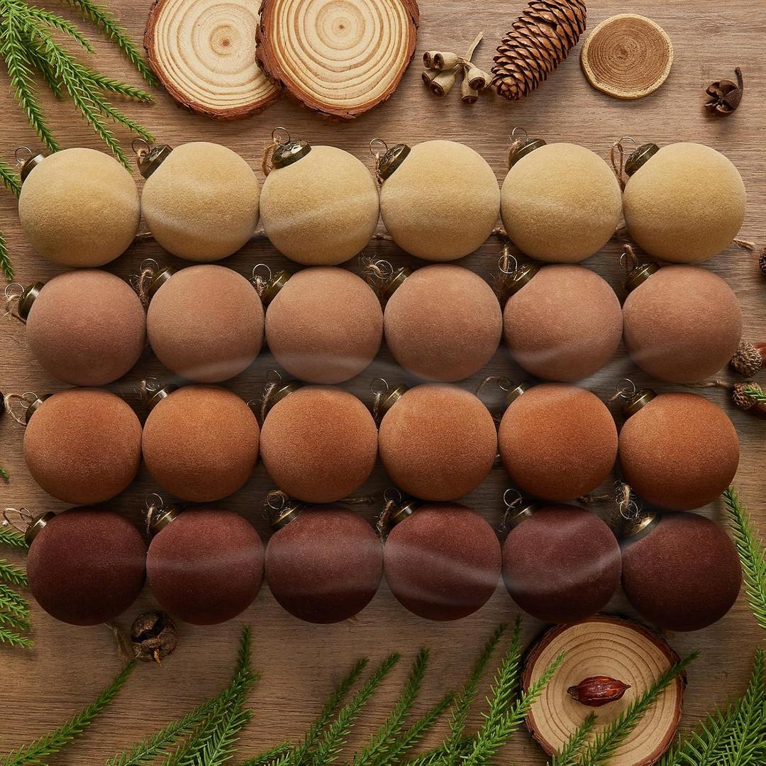 24PCS Light Scented Velvet Christmas Balls Ornament Shatterproof Velvet Xmas Tree Baubles Hanging Pendant for Winter Party Holiday Home Gift Office Yard Decor(Gradient Brown,2.36'')