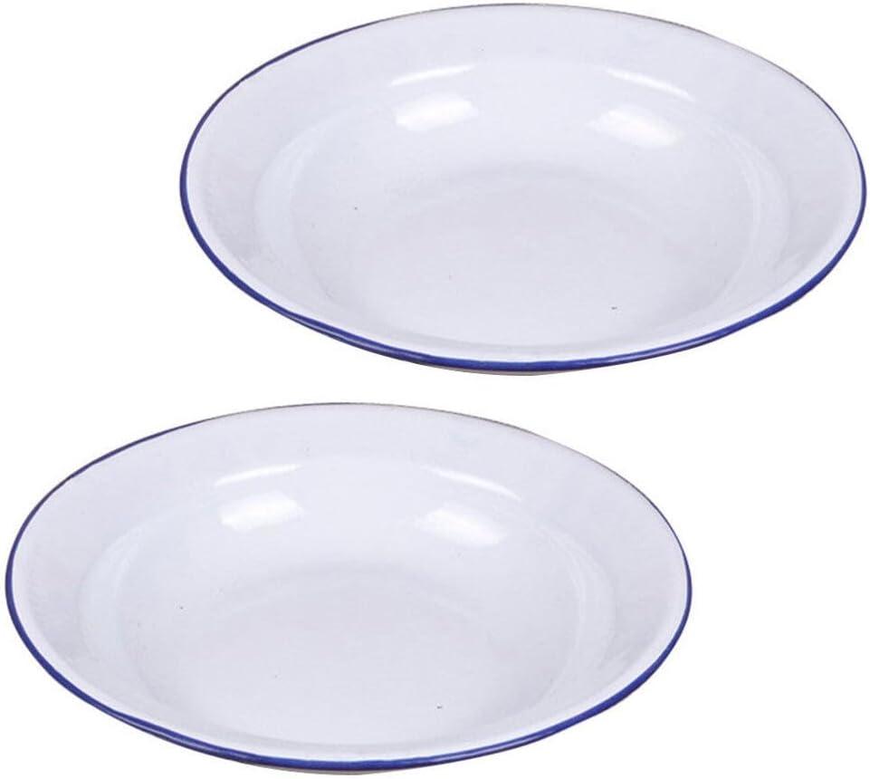 Kichvoe Enamel Bowls - 2pcs Retro Style White Round Serving Plates for Soup, Salad, Pasta, Cereal, Fruit, Ice Cream, and Desserts - Vintage Kitchenware for Home Use, 6.29 Inch Diameter (Medium)