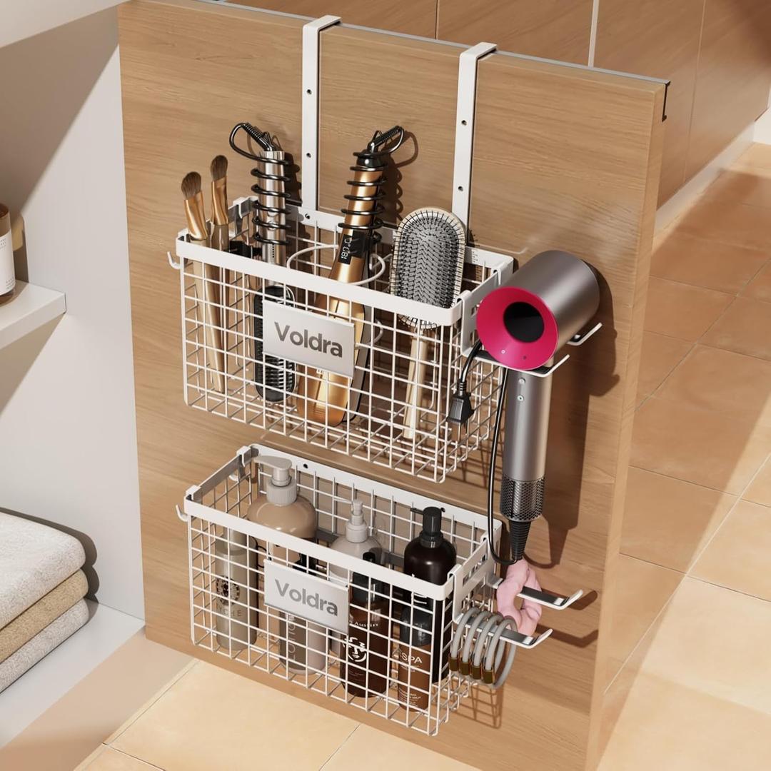 Voldra 2 Pack Hair Dryer Holder Cabinet Door, Adhesive Hair Tool Organizer Wall Mount Adjustable Height Blow Dryer Holder Under Sink for Flat Curling Iron, Hair Brush and Straightener (White)