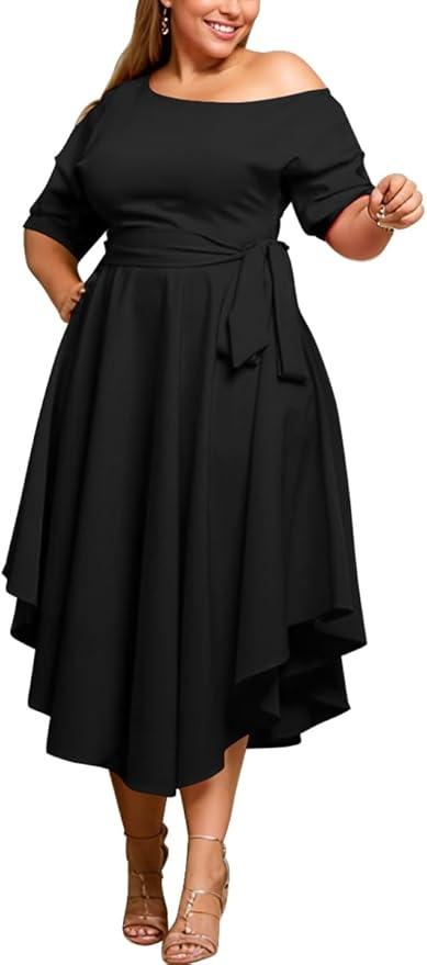 Plus Size Women Wedding Guest Dress Off Shoulder Boat Neck Irregularly Flowy Midi Church Dress, 2XL