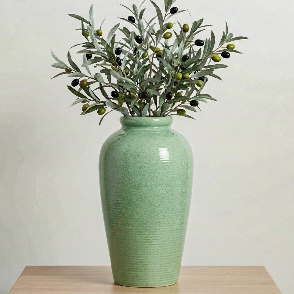 Green Ceramic Vase - 11 Inch Tall Modern Flower Vase for Pampas Grass, Pottery Decorative Vase for Centerpieces, Farmhouse Decor, Living Room, Kitchen, Shelf, Table Decor