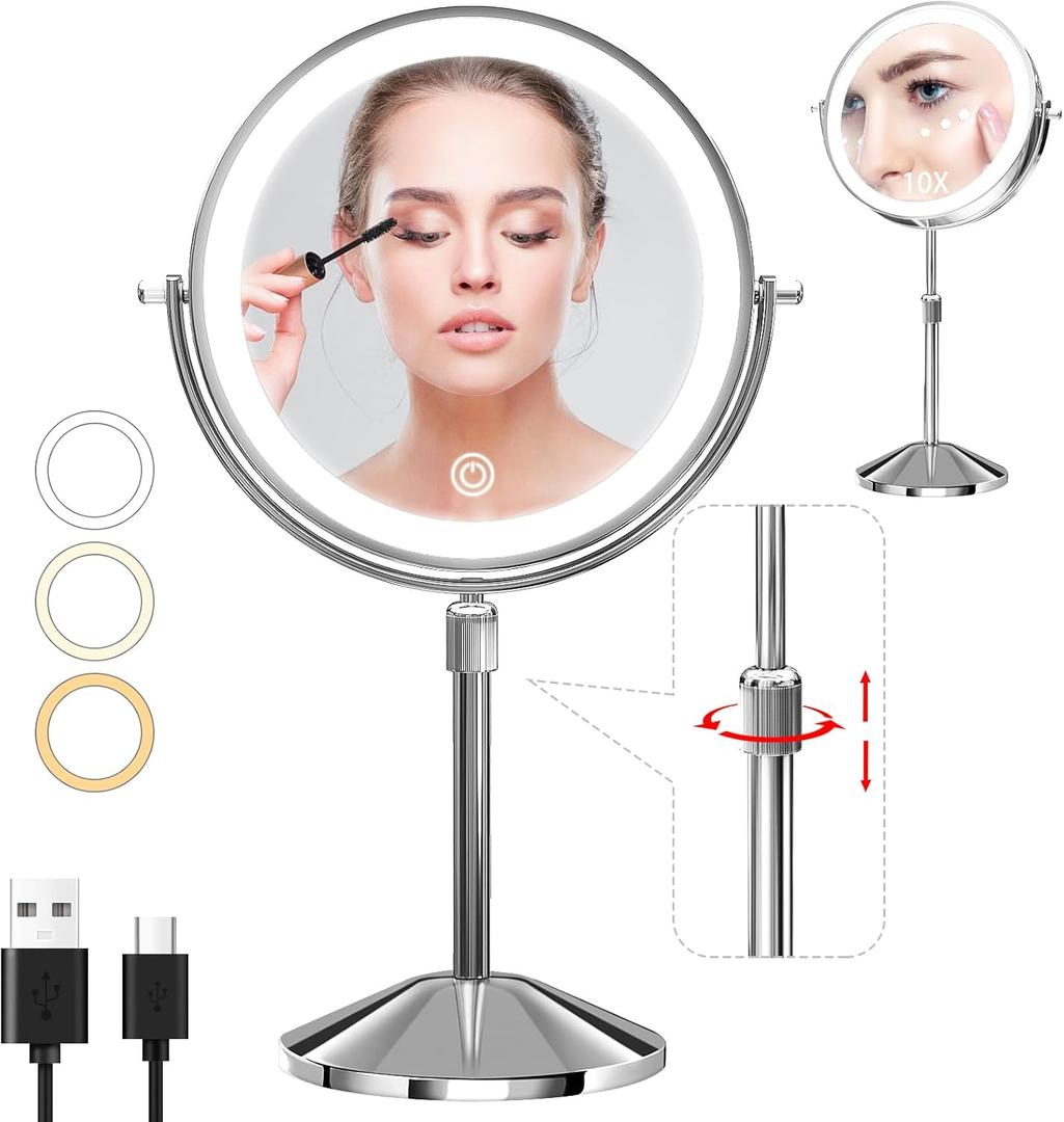 Omobolanle 8" Lighted Makeup Mirror, 10X Magnifying Mirror with Light 360 Rotation Double Sided Mirror with 3 Color Lights Brightness & Height Adjustable Rechargeable LED Light Up Mirrors Silver