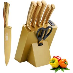 Luxury Gold Kitchen Knife Set8-Piece Titanium Coated Dishwasher Safe Gold Chef Knife Set,Wooden Block with Built-In Sharpener Housewarming Gift for Home Kitchen