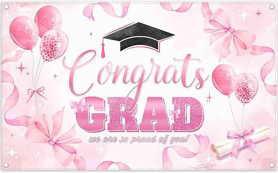 3 x 72x43inch Fabric Congrats Grad Pink Backdrop Watercolor Bow Balloon Graduation Photography Background School Graduate Prom Party Decorations Photo Banner Props