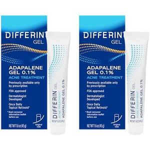 Differin Acne Treatment Gel, 60 Day Supply, Retinoid Treatment for Face with 0.1% Adapalene, Gentle Skin Care for Acne Prone Sensitive Skin, 15g Tube (Pack of 2), EXP:05/2028